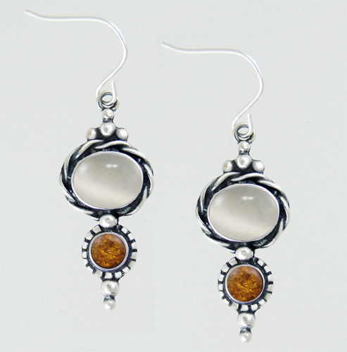 Sterling Silver White Moonstone And Amber Gemstone Drop Dangle Earrings